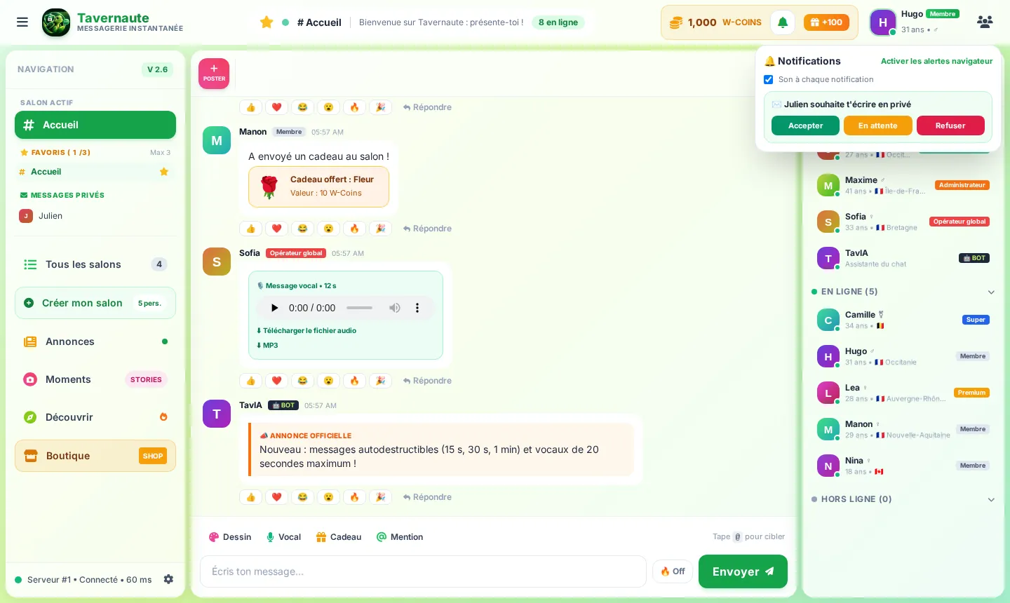 Une demande de message privé dans le chat Tavernaute : accepter, mettre en attente ou refuser